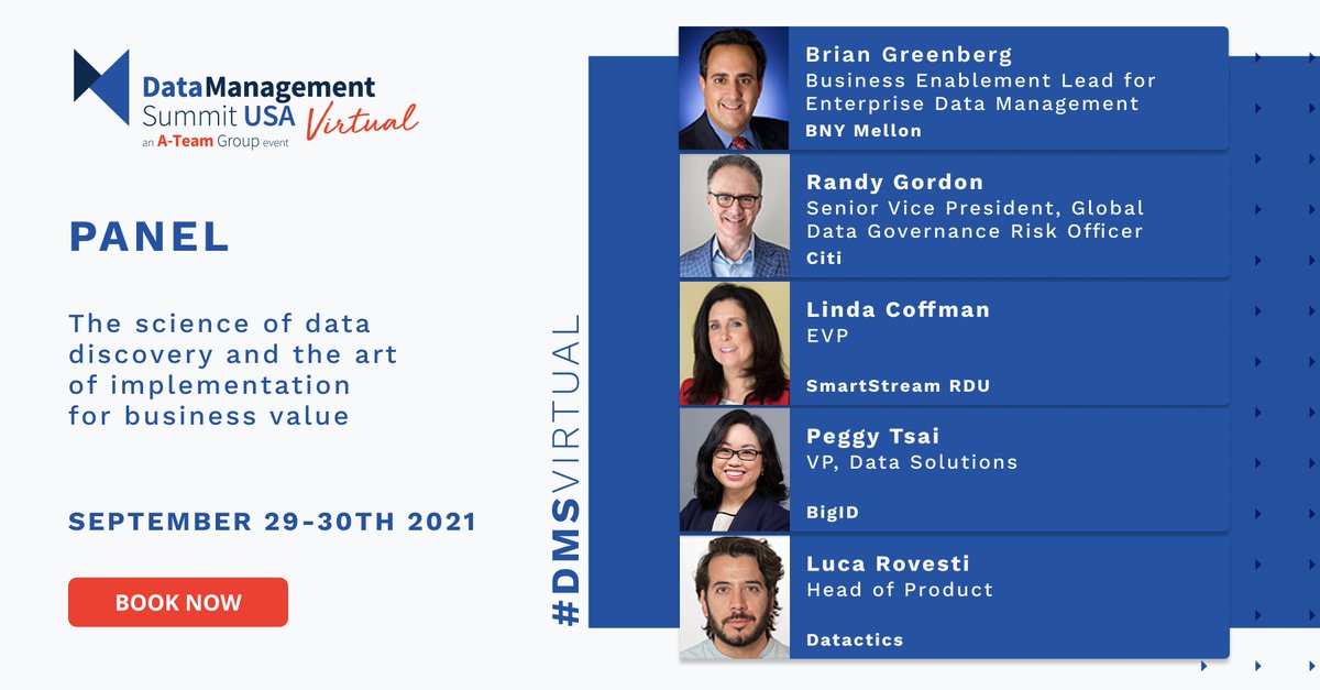 ATeamInsight's tweet photo. Join us for this panel at Data Management Summit Virtual USA on the science of data discovery and the art of implementation for business value.
Register: https://t.co/X1z9QdjCNu
#DMSVirtual #datadiscovery @BNYMellon @Citi @SmartStream_STP @bigidsecure @Datactics_ https://t.co/sVY0t5RJvs
