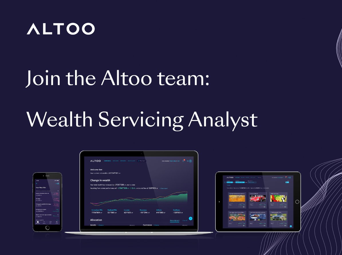 AltooAG's tweet photo. Are you ready for a new opportunity?
We are looking for a new colleague, joining our Wealth Servicing team to support client onboarding and daily business servicing. 

You may find more information here (https://t.co/3OsDCUzPx2) or approach our colleague @philiphediger  directly. https://t.co/guwLtsQkez