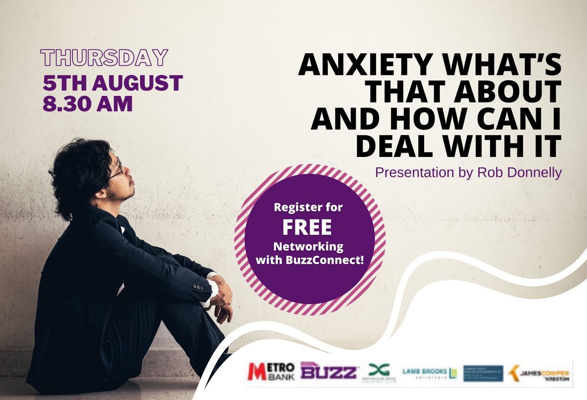 UKBuzzConnect's tweet image. ✅ This week at BuzzConnect ... Anxiety what’s that about and how can I deal with it.
Join @buzzconnect this Thursday 5th August at 8.30am for FREE Business Networking. Presentation by Rob Donnelly.

👉 Register here - lnkd.in/daUtqy6