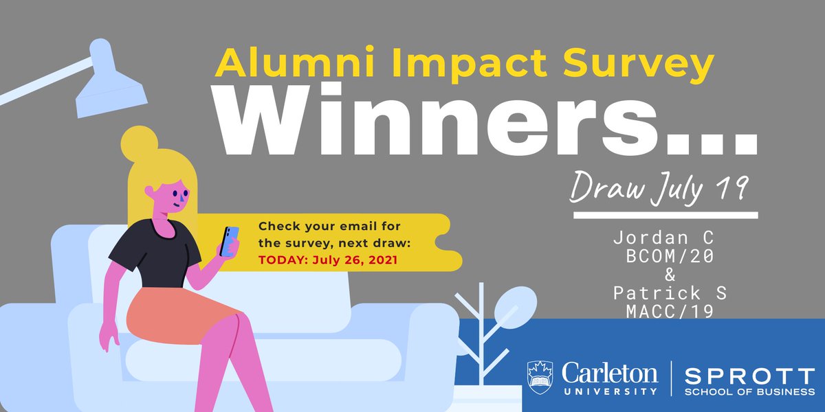 SprottAlumni's tweet photo. Congratulations to last week’s winners Jordan C & Patrick S. The Alumni Impact Survey provides powerful data to @SprottSchool on the impact we make on our students and in our community! If you graduated last year, check your email for the survey link. #thanksalumni #sprottlove https://t.co/Kc0eGH606f