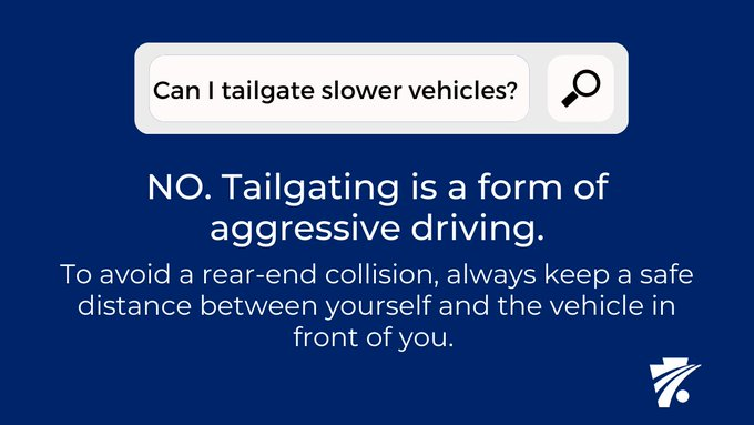 tmabucks's tweet photo. Reminder from @PennDOTNews that tailgating can lead to road rage or a rear-end collision! Keeping a safe following distance gives you time to react if there is a problem ahead.
#DontDriveAggressive
#BeSafePA https://t.co/5qhO1Ga4zB