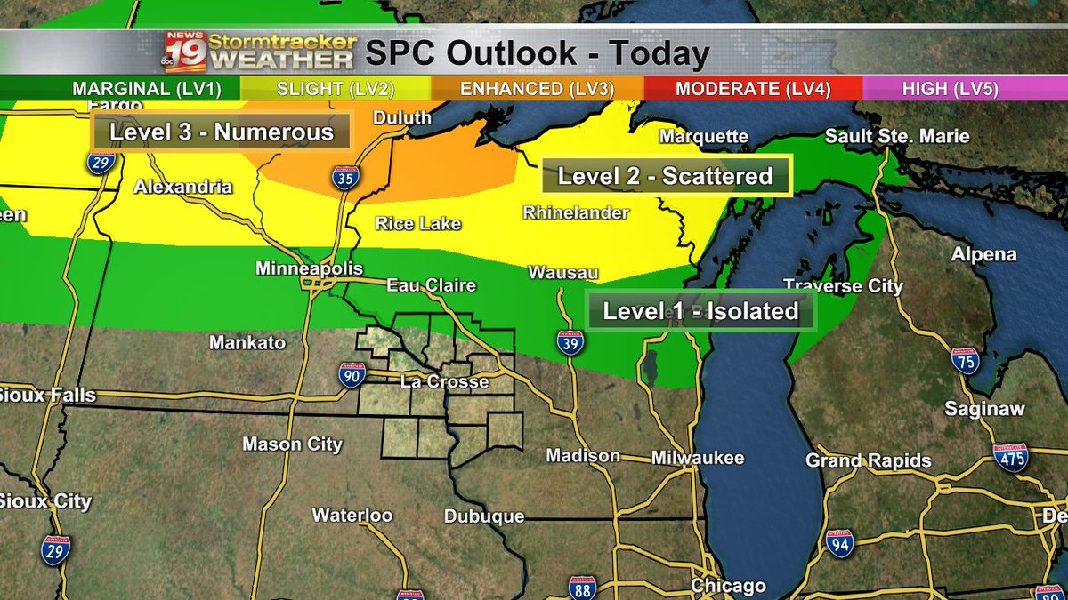 The threat for strong to severe storms has increased in the northern portions of Minnesota and Wisconsin. 

As for the Coulee Region, the threat for severe weather will increase Tuesday and Wednesday. 

Stay aware! #mnwx #wiwx https://t.co/XHOnqkK43H