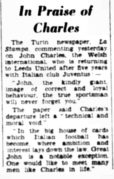 LUSCgriffinLUFC's tweet photo. After a seemingly long &amp; drawn out transfer negotiation, John Charles finally returned to #lufc on 24th July 1962, despite Man City offering more to Juventus. A Turin newspaper commented on the Gentle Giant, with Juventus sad to see their star depart for Don Revie's Leeds United. https://t.co/FoQRK38vyH