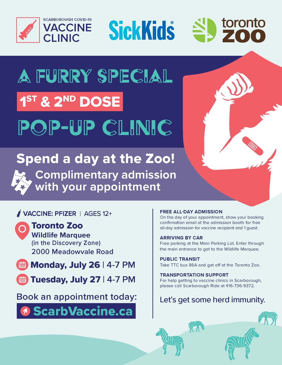 🚨Today and Tomorrow! Get a free admission to the Toronto Zoo with an appointment for a vaccine 🚨

📍Toronto Zoo Wildlife Marquee, 2000 Meadowvale Road
📆Monday July 26 | 4 to 7 PM
📆Tuesday July 27 | 4 to 7 PM

Book your appointment today at Scarbvaccine.ca ✅