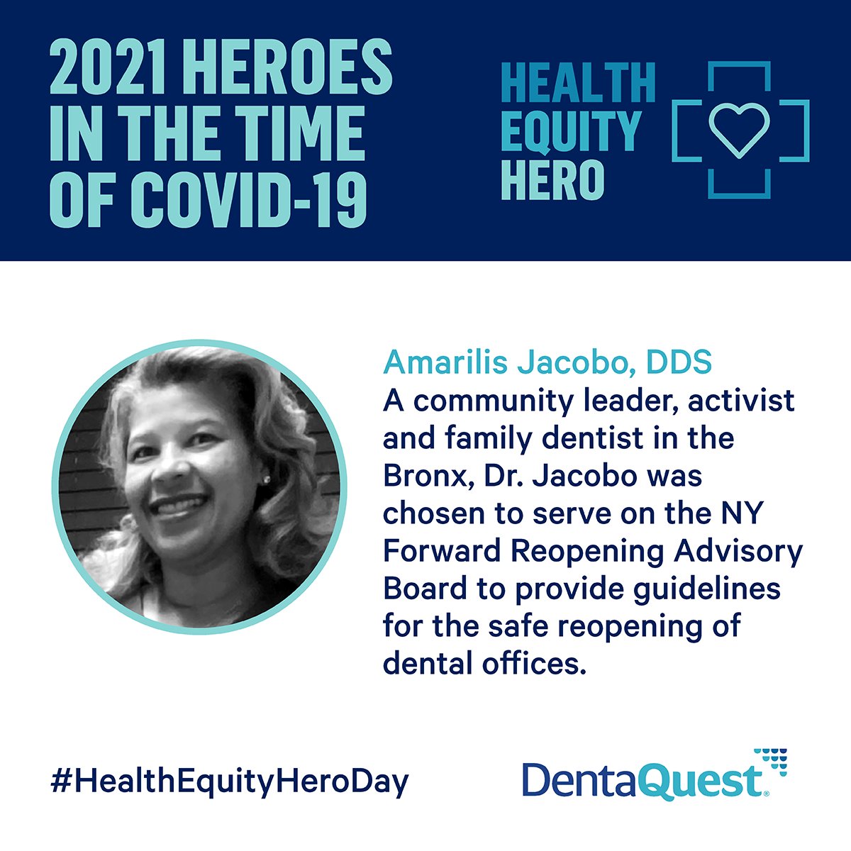 DentaQuest's tweet photo. The work that #HealthEquityHero Dr. Amarilis Jacobo is doing for the Latinx community in the Bronx and across NY is cause for celebration. DentaQuest is donating to @nysdf in her name. https://t.co/TjXuVXjeaC https://t.co/wtq4RHOQN1
