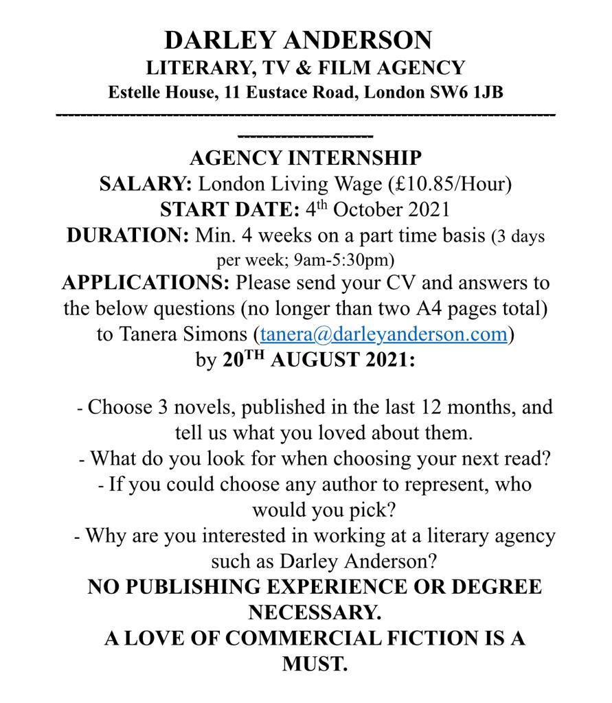 Internship alert! 🚨 Calling all publishing hopefuls, we’re hiring for an Agency Intern to start in October. Send your CV and answers to the below questions to tanera@darleyanderson.com. No publishing experience needed! We can’t wait to hear from you! 🤩
#publishinginternship