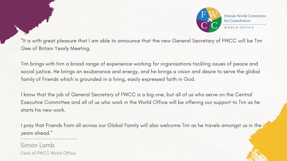 It is with great pleasure that we announce that the new General Secretary of FWCC will be Tim Gee of Britain Yearly Meeting.

Read the full announcement on our website fwcc.world/fwcc-news/intr…

Please join us in welcoming Tim to FWCC! 🎊