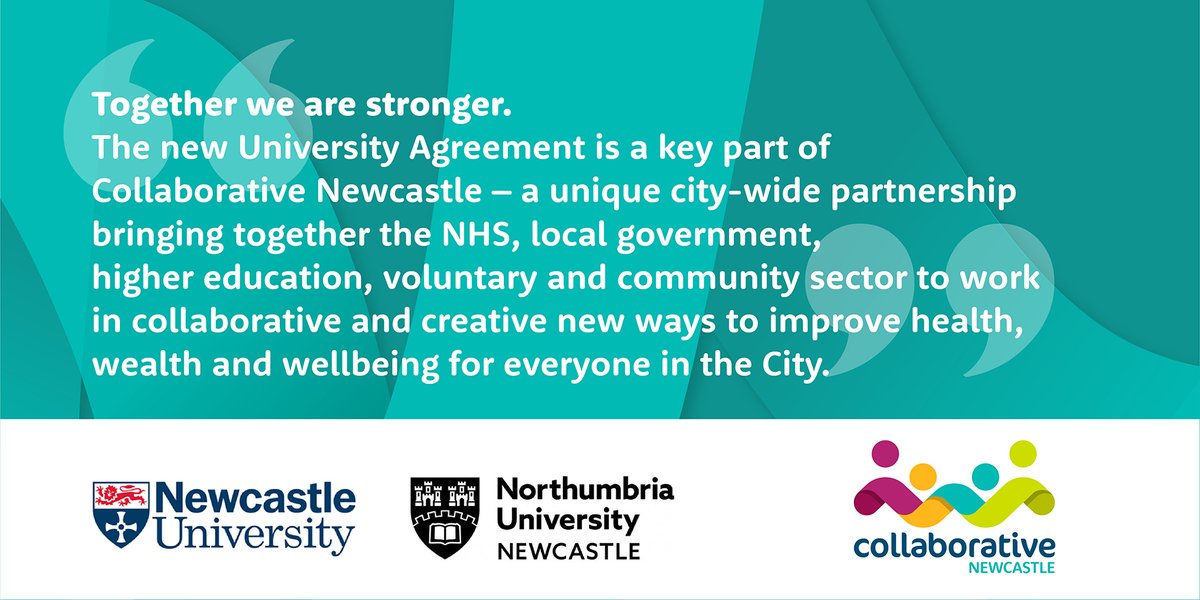 CollabNewcastle's tweet photo. Together we are stronger - great to have the universities on board! Read more about the new agreement which brings together the collective ‘power’ of both organisations as part of Collaborative Newcastle ⬇️⬇️
https://t.co/RQrlosXRHK https://t.co/0ZhjEfXOQz