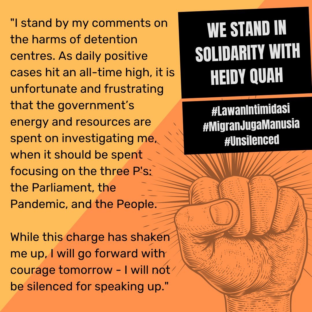 CALL TO ACTION

Heidy Quah is to be charged on 27th July 2021 for her FB post on the harmful conditions in immigration detention centres.

Rightwards arrowPost a message on social media in solidarity with Heidy Quah.
#️⃣ Use the hashtags #LawanIntimidasi and #MigranJugaManusia