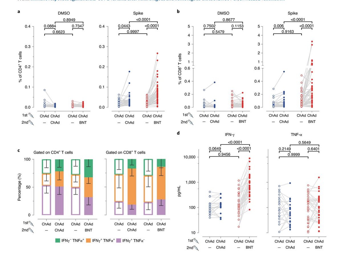 BogochIsaac's tweet image. Significant immune response (antibody &amp;amp; T cell) in those who received a 1st dose of AstraZenca's #COVID19 vaccine followed by an mRNA vaccine for dose 2.

Data from Germany, recently published in @NatureMedicine 👇

(Many Canadian's took this approach. Solid plan...thanks, NACI.)