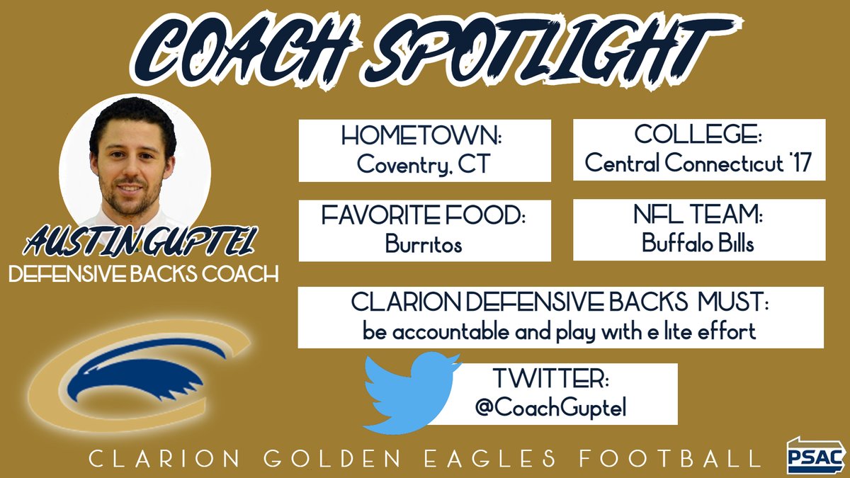 Coach Guptel comes over from St. Vincent College where he served as the DBs Coach in 2020. He brings with him coaching experience from the D1, D2, &amp; D3 levels. <a href="/CoachGuptel/">Austin Guptel</a> is excited to lead Clarion’s secondary in 2021. Learn more about Coach Guptel here⤵️

#CUlture🦅