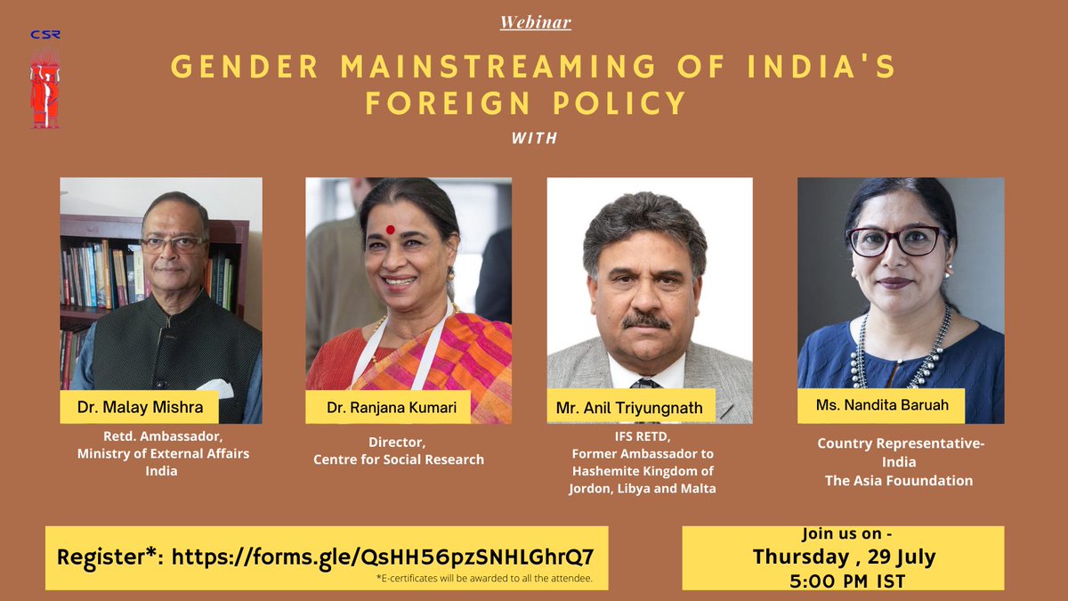 Watch, #CSR_India's director <a href="/ranjanakumari/">Dr. Ranjana Kumari</a>  engaging in an extensive discussion on "GENDER MAINSTREAMING OF INDIA'S FOREIGN POLICY", with our esteemed panelists.
When?
Thursday, 29th July - 5PM.
#Register here: forms.gle/QsHH56pzSNHLGh…
#MalayMishra #AnilTriyungnath #NanditaBaruah