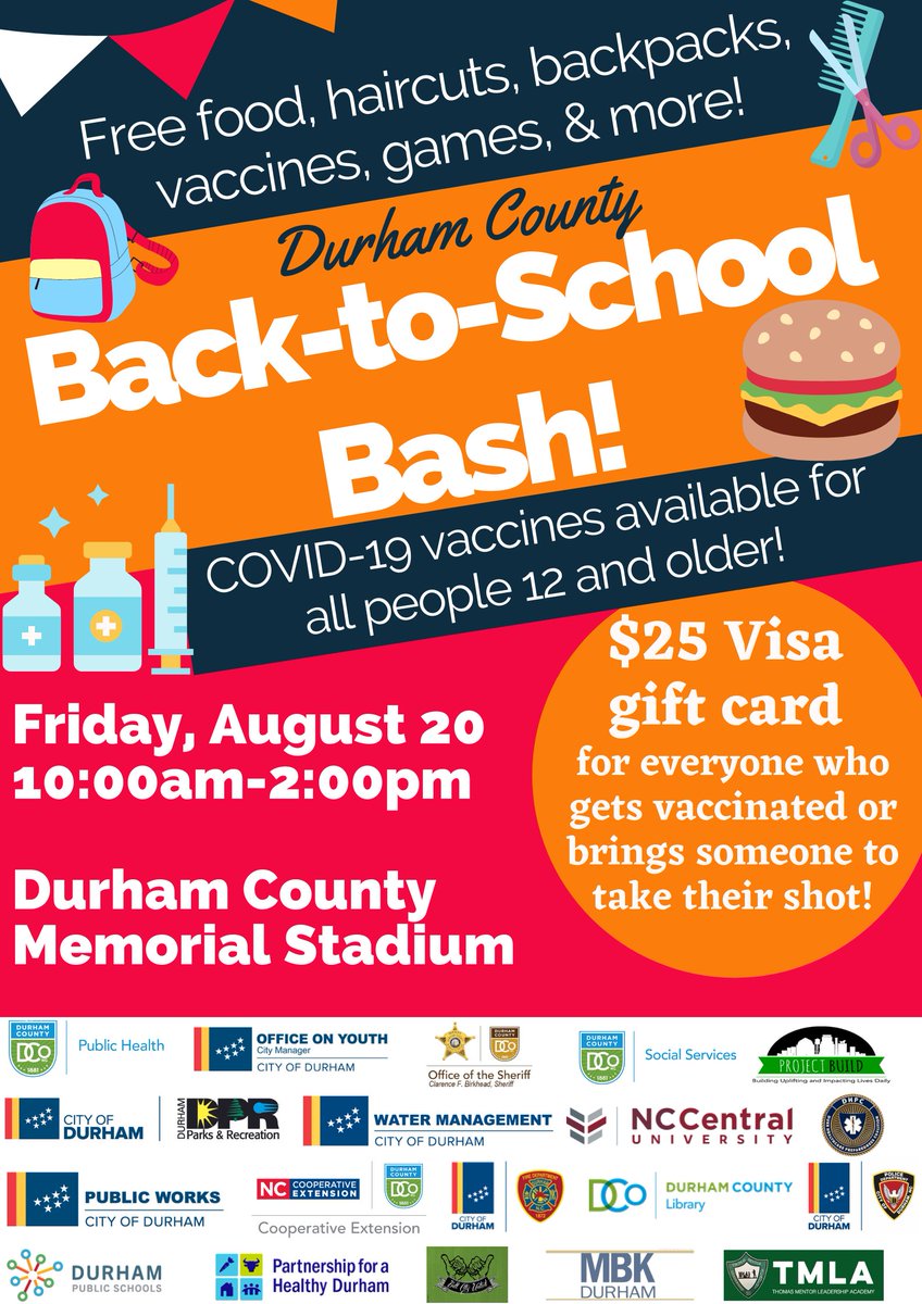 Durham County Department Of Public Health Mark Your Calendars August We Re Bringing You And Your Family 25 Visa Gift Cards Food Backpacks Covid 19 Vaccines Amp Much More With Our