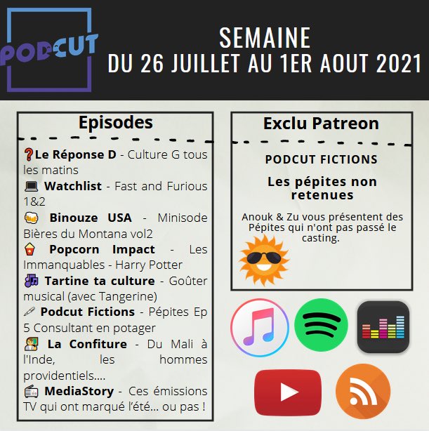Podcut_label's tweet photo. L’avantage du programme de la semaine #podcut par rapport au soleil, c’est qu’il est toujours là le lundi #laRéponseD @Watchlist_Pod @Binouzeusa @Popcorn_Impact @Tartine_ta_Cult #pépites @LaConfiture @MediaStory_pod
Supplément #Pépites pour les @Patreon https://t.co/dhWxQGtVDX