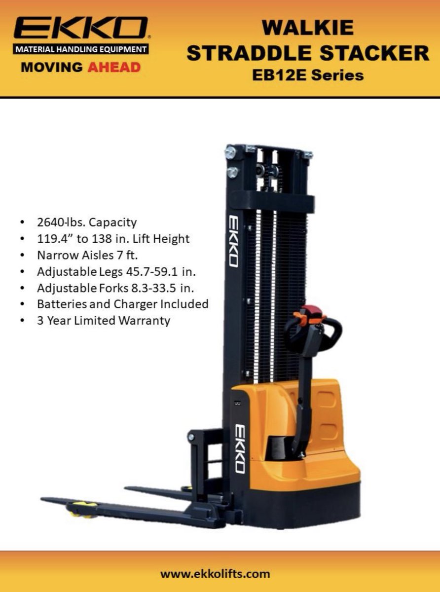 EKKOlifts's tweet photo. AVAILABLE the #EB12E Series Straddle Stacker! Contact us now for your local dealer, Call 877-232-6517 info@ekkolifts.com https://t.co/WHEJyJileT #EKKOLIFTS #reachtruck #lifttrucks #forklifts #electricforklifts #electricStraddleStackers #CounterBalancedStacker #ElectricPalletJack https://t.co/6hEP1TrfhU