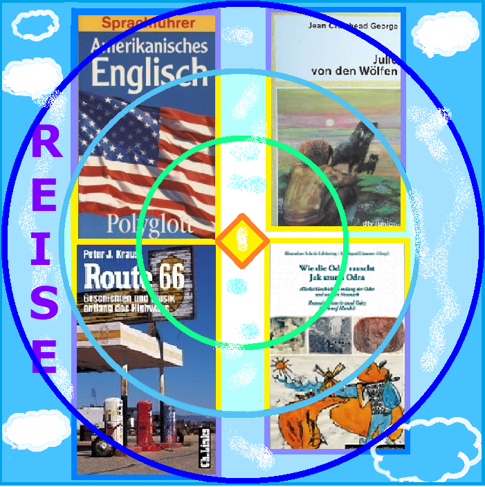 Blauer Himmel mit Wolken, Büchern und 3 Kreisen, Text