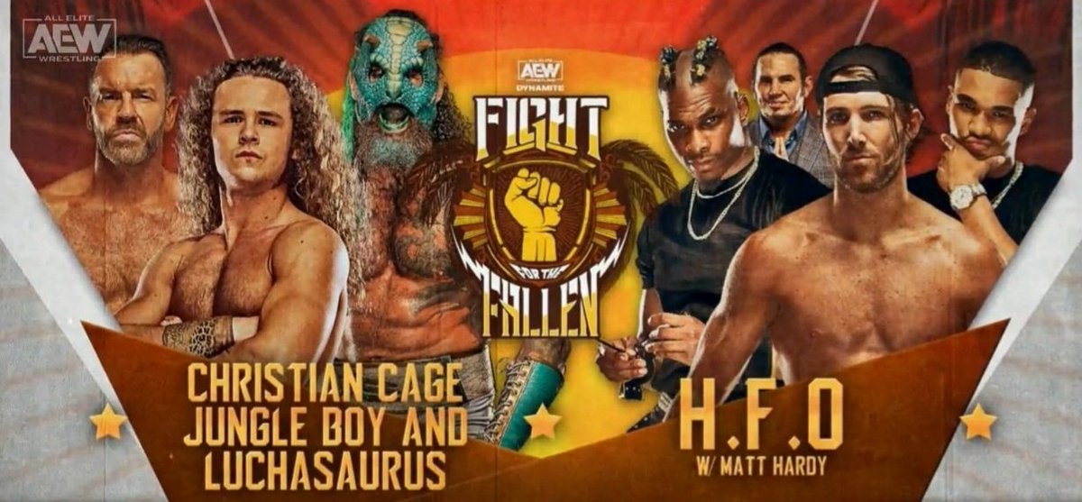 The war incited by #ChristianCage/#JurassicExpress on #HFO peaks this wk on #aew!

💥#Angelico vs #markostunt
💥#MarqQuen vs #jungleboy
💥#JoraJohl vs #Luchasaurus
💥HFO with #BigMoneyMatt vs a bully & his goons

Dont miss #aewdarkelevation & #AEWDynamite! #imwithaew #aewontnt