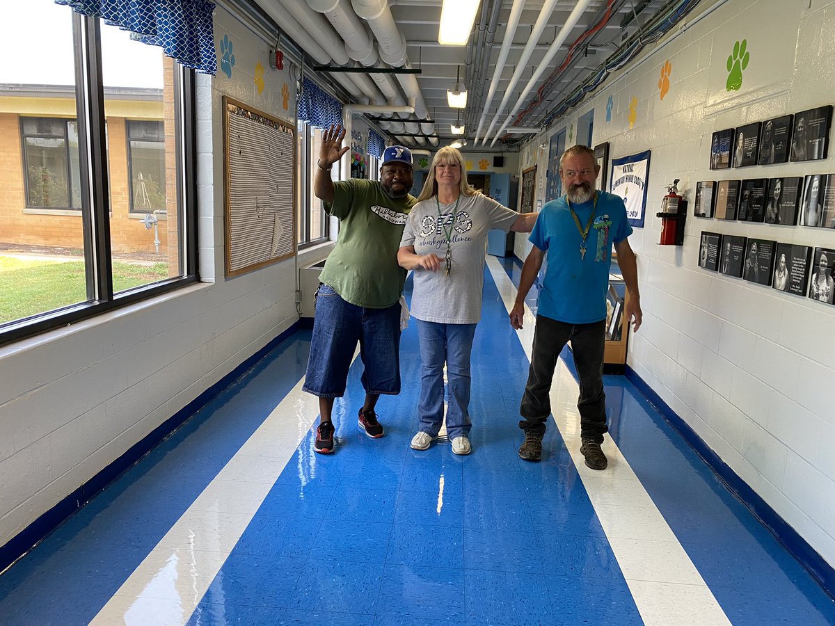 MrsAngelineHale's tweet photo. Don’t mind me…I’m just checking out my reflection in these floors.  This crew is amazing! They are working hard to keep our 58 year old building looking her best. Thank your custodians today! They work hard! https://t.co/GqwdBkJIf0