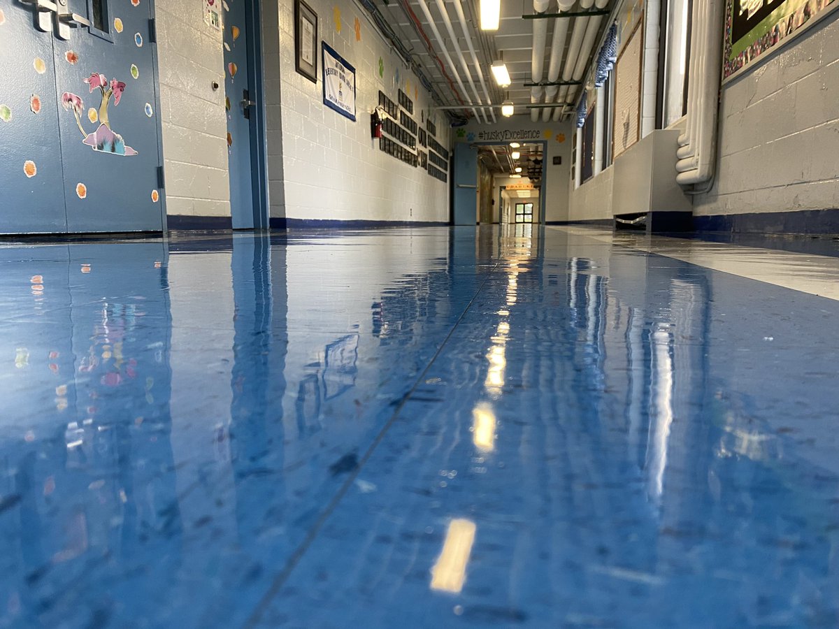 MrsAngelineHale's tweet photo. Don’t mind me…I’m just checking out my reflection in these floors.  This crew is amazing! They are working hard to keep our 58 year old building looking her best. Thank your custodians today! They work hard! https://t.co/GqwdBkJIf0