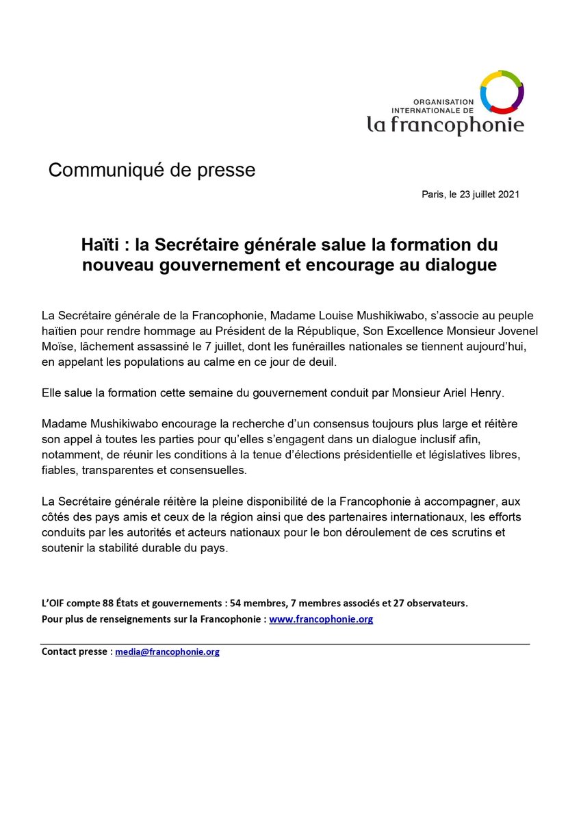 [Communiqué de presse]

La Secrétaire générale de la Francophonie salue la formation du nouveau gouvernement et encourage au dialogue en Haïti