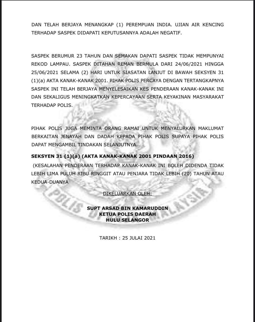 Polis Diraja M Sia On Twitter Kenyataan Media Ketua Polis Daerah Hulu Selangor Kejayaan Tangkapan Kes Penderaan Terhadap Kanak Kanak Oleh Ibu Kandung Sendiri Sumber Polis Daerah Hulu Selangor Https T Co Cx91t4zmjn