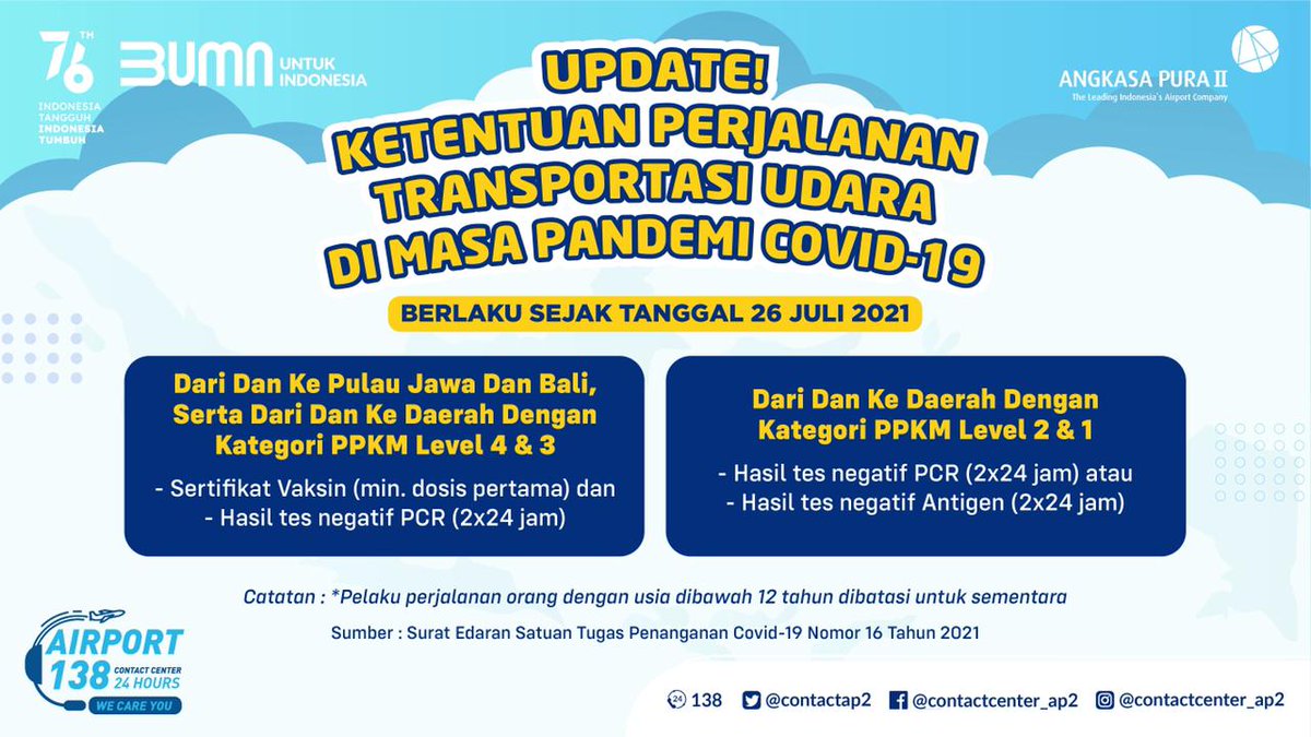 UPDATE!!!
Ketentuan perjalanan dalam negeri ✈️

Yang sudah punya rencana bepergian dalam waktu dekat dengan transportasi udara, simak baik-baik yah ketentuannya😉

<a href="/angkasapura2/">budi kurniawan</a> 
@kementerianbumn 
#ContactCenter138
#AngkasaPura2
#BUMNuntukIndonesia