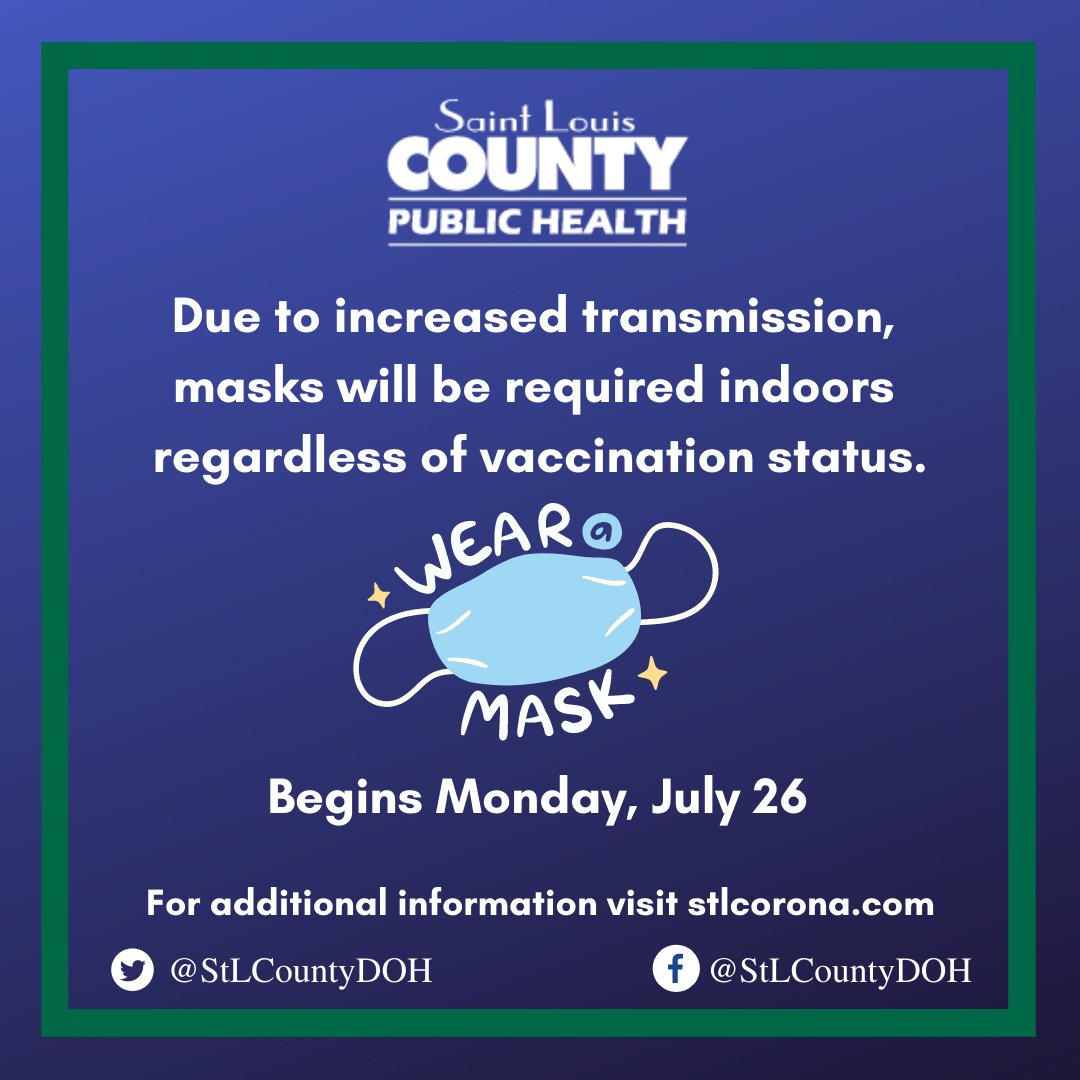 StLCountyDOH's tweet image. HEALTH ORDER: As COVID-19 hospitalizations rise and the Delta variant spreads, St. Louis County will require masks to be worn in indoor public places and public transportation beginning today, July 26. This is being done to reduce the spread of COVID-19. ow.ly/lFV250FDIIt