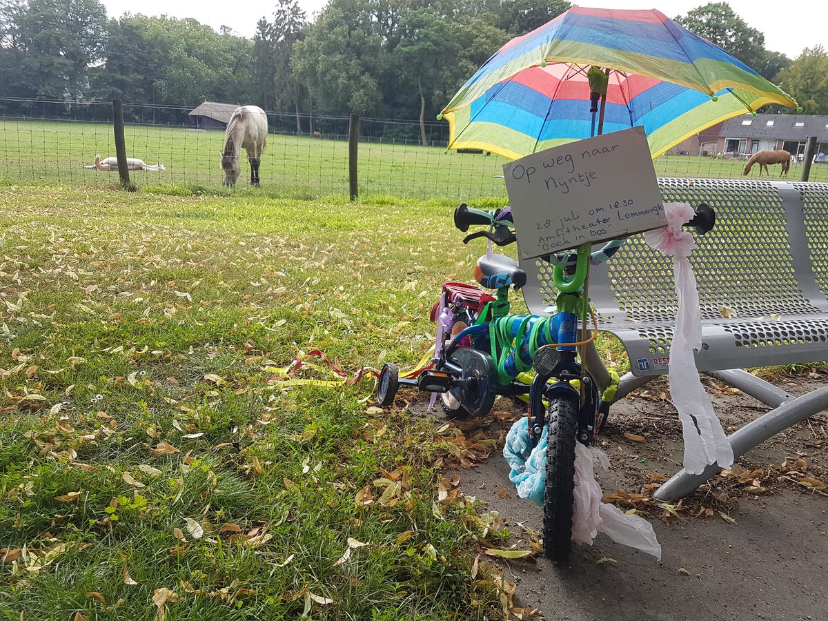 De fietse gaat langzaamaan richting het amfitheater in Pastoorsbos voor het pop-up voorleestheater 'Boek in het bos'. Woensdag 18.30uur Nijntje op de fietse met Gerard Oosterlaar #voorlezen #Luttenberg #LuttenbergLeest
