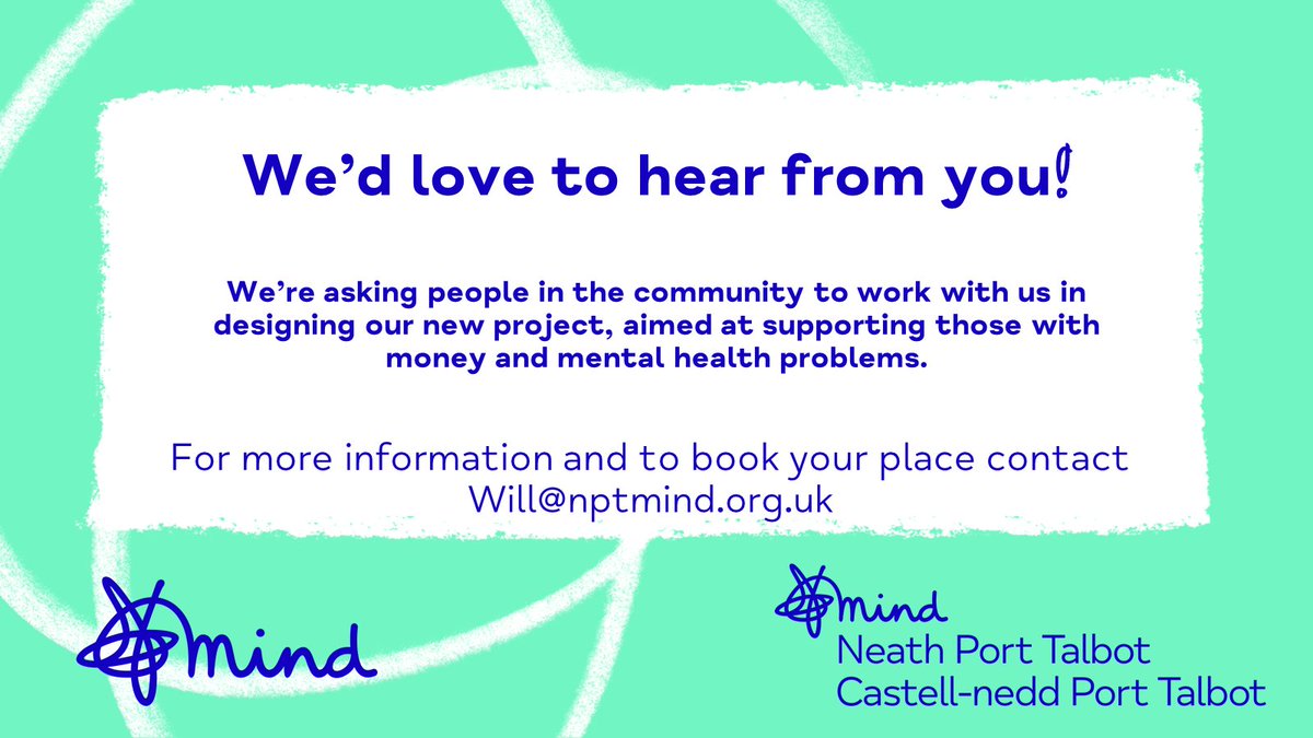 ✨Would you like to help design our new project, aimed at supporting people with money and mental health problems?✨

If being part of our co-design workshop interests you, contact ✉️ will@nptmind.org.uk for more information.

<a href="/NPTCouncil/">Neath Port Talbot Council</a> <a href="/NPTBMECA/">NPT BME Community Association</a> <a href="/DewisWales/">Dewis Wales</a> <a href="/NPTCVS/">Neath Port Talbot CVS</a>