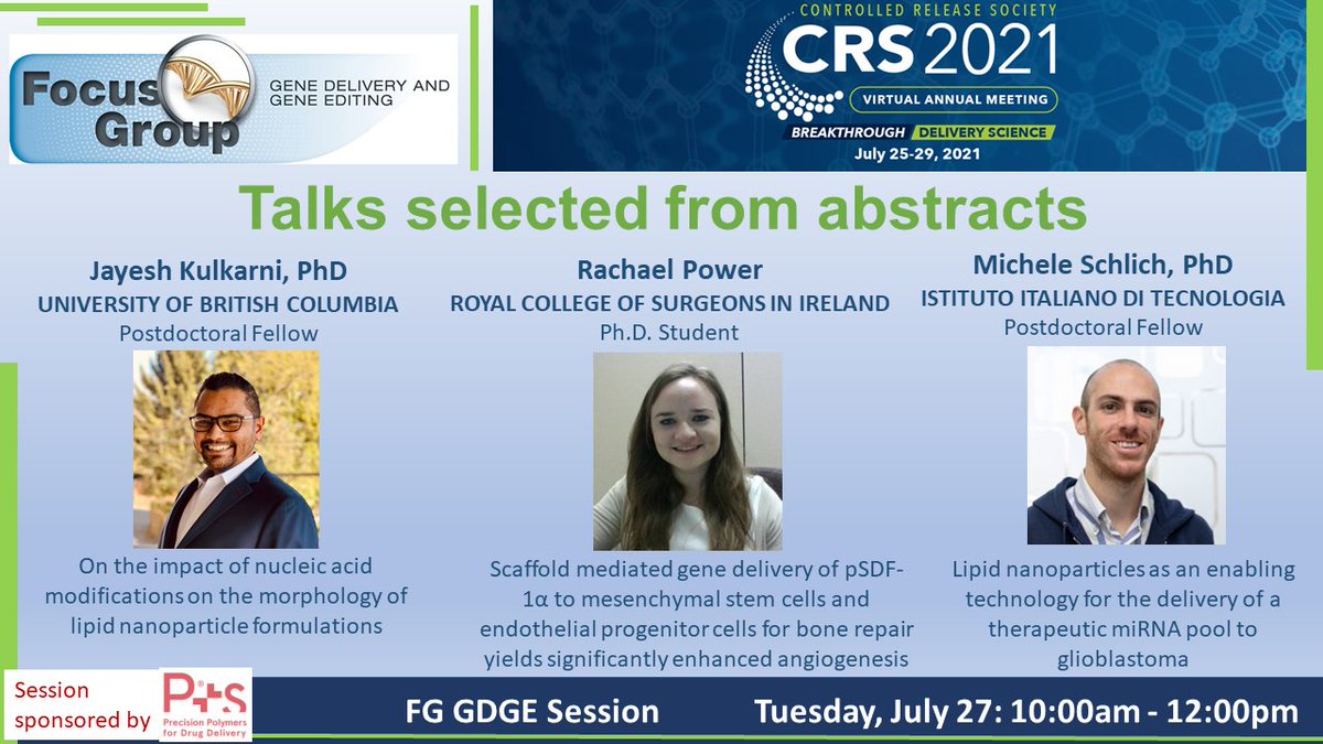 Join the <a href="/CRS_FG_Gene/">CRS Focus Group - Gene Delivery and Gene Editing</a> (Technical Session 4) on Tuesday, July 27 @ 10am. Our exciting program is below pointing 👇👇👇 <a href="/DJSiegwart/">Daniel Siegwart</a> #LauraSeppLorenzino @VaderPieter #UchechukwuOdunze <a href="/MicSchlich/">Michele Schlich</a> <a href="/jkulk_nano/">Jayesh Kulkarni</a> #RachaelPower <a href="/sahayg1/">Gaurav Sahay</a> <a href="/JulieNguyenLab/">Juliane Nguyen</a> <a href="/CRSScience/">Controlled Release Society</a> <a href="/CRS_YSC/">Young Scientist Committee YSC-CRS</a>