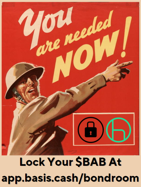 📯Calling all $BAB holders!

🔒17.5M Basis Bonds have been locked in just 72 hours

That's 29% of all outstanding $BAB🔥

Locked bonds are essentially burned, reducing protocol debt📉

Lock your $BAB tokens and earn $BAS rewards👇

app.basis.cash/bondroom