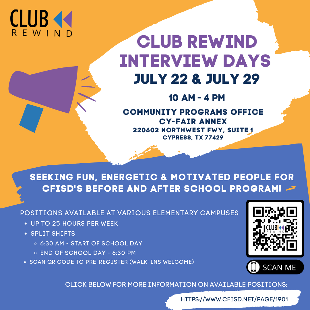 The second @CFISDClubRewind Interview Day is approaching on Thursday, July 29. Pre-register here: cfisd.tedk12.com/hire/ViewJob.a….