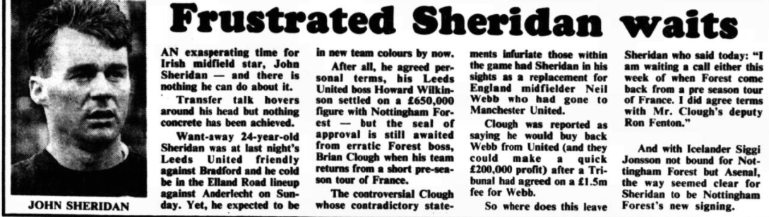 LUSCgriffinLUFC's tweet photo. Hang on! I remember how it turned out for John Sheridan under Brian Clough but had forgotten how long the delay was before he signed for Forest, with this reported the day after an #lufc 2nd string had won at Bradford Park Avenue with him watching. Old Big 'Ead playing up again! https://t.co/JEz7d9UAdY
