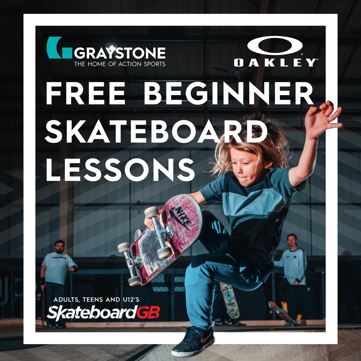 Free lessons for all ages this weekend in assoc. with @SkateboardGB & @oakley ... hit he link to book yours for this Sat, July 31st. @AndyBurnhamGM quick before they're all gone! bit.ly/GAS-book-now