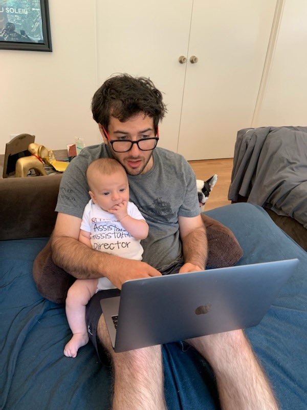 TheBraidStories's tweet photo. @AndrewFromer, our Assistant Artistic Director has been with the Braid since 2016; starting as a NEXT Fellow, he helped launch our podcast, digital production, and more! And recently he became a father! Here's Andrew and his son, Aiden, working from home! Can we say adorable??? https://t.co/lrsOpCSHP3