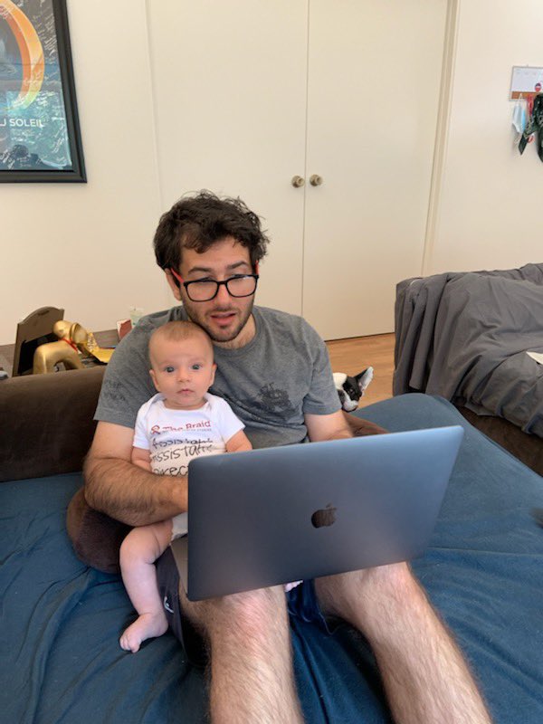 TheBraidStories's tweet photo. @AndrewFromer, our Assistant Artistic Director has been with the Braid since 2016; starting as a NEXT Fellow, he helped launch our podcast, digital production, and more! And recently he became a father! Here's Andrew and his son, Aiden, working from home! Can we say adorable??? https://t.co/lrsOpCSHP3