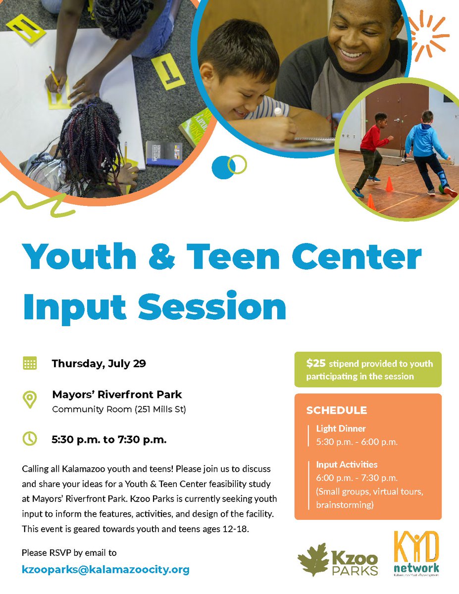 Calling all Kalamazoo youth and teens! Please join us this Thursday, July 29 to share your ideas for a youth and teen center feasibility study. Youth will receive a $25 stipend for participating.