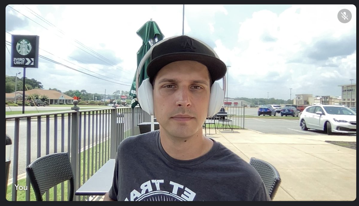 andrewculver's tweet photo. Even if you don't keep an external keyboard and trackpad with you, just having a @BasicStand handy will create a way better camera angle when it's time to hop on a video call.

Also, Starbucks: the original co-working space. https://t.co/vhBZ9QoLzG