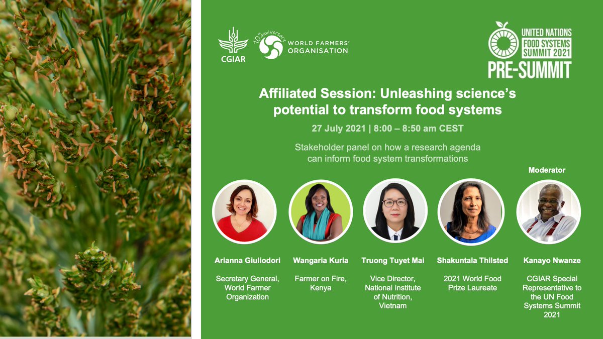 CGIAR (@cgiar) on Twitter photo 🗣️ Meet the panellists!
<a href="/worldfarmersorg/">WFO</a>'s <a href="/arigiulio/">Arianna Giuliodori</a>, National Institute of Nutrition Vietnam’s Truong Tuyet Mai, #FoodPrize21 Laureate <a href="/trinidad1949/">Shakuntala Haraksingh Thilsted</a> and Wangaria Kuria, <a href="/farmeronfire1/">Farmer on Fire Ltd</a>
🗓️ 27 July 2021
🕗 8:00 am CEST
✍️ on.cgiar.org/3wQeqWM
#UNFSS2021 #OneCGIAR 🗣️ Meet the panellists!
<a href="/worldfarmersorg/">WFO</a>'s <a href="/arigiulio/">Arianna Giuliodori</a>, National Institute of Nutrition Vietnam’s Truong Tuyet Mai, #FoodPrize21 Laureate <a href="/trinidad1949/">Shakuntala Haraksingh Thilsted</a> and Wangaria Kuria, <a href="/farmeronfire1/">Farmer on Fire Ltd</a>
🗓️ 27 July 2021
🕗 8:00 am CEST
✍️ on.cgiar.org/3wQeqWM
#UNFSS2021 #OneCGIAR