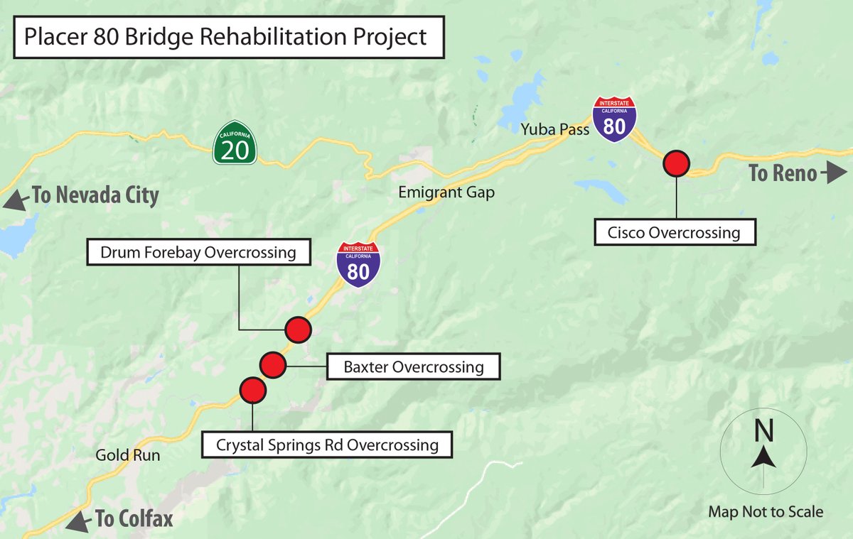 Map showing the locations of four bridge overcrossings that will be demolished and rebuilt on I-80 between Crystal Springs and Cisco Grove. 