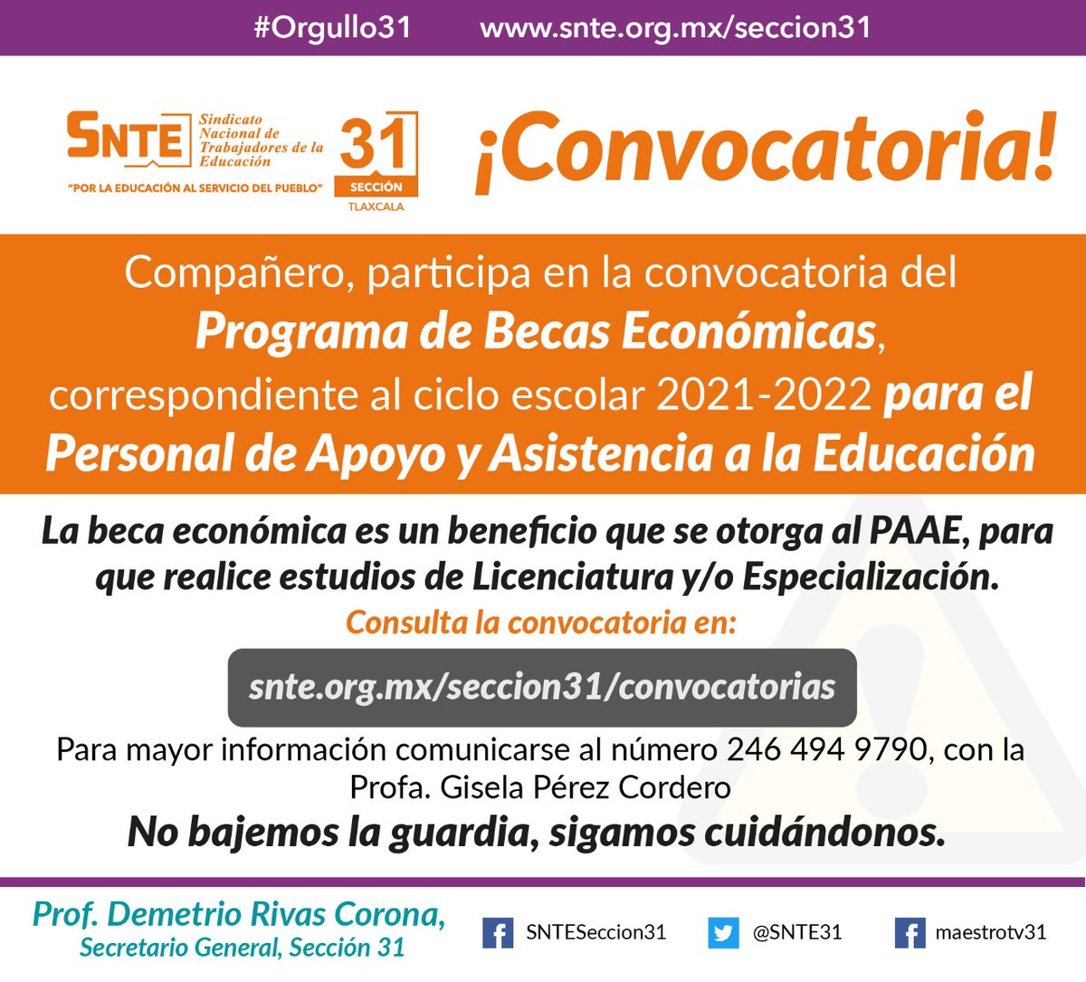 SNTE31Tlaxcala's tweet photo. Compañero, participa en la convocatoria para participar en el Programa de Becas Económicas, correspondiente al ciclo escolar 2021-2022 para el Personal de Apoyo y Asistencia a la Educación
Convocatoria: https://t.co/UIr3D9nWkP
#Orgullo31 https://t.co/G6ES7FHlHI