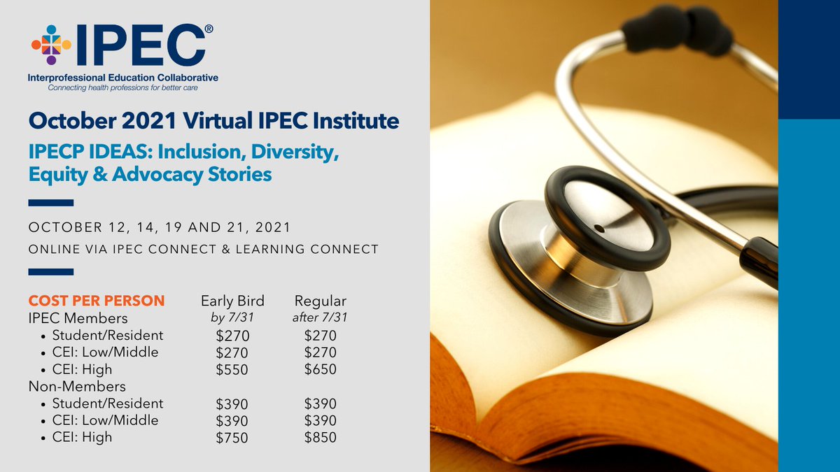 Register today for #IPECOct21 &amp; save $100! Hurry - early bird ends this Sat, 7/31!

Hear #IPE for #collaborativepractice IDEAS: Inclusion, Diversity, Equity &amp; Advocacy Stories.

View the online Institute agenda here: bit.ly/2TBKErj

Sign up now: bit.ly/2SssuHN
