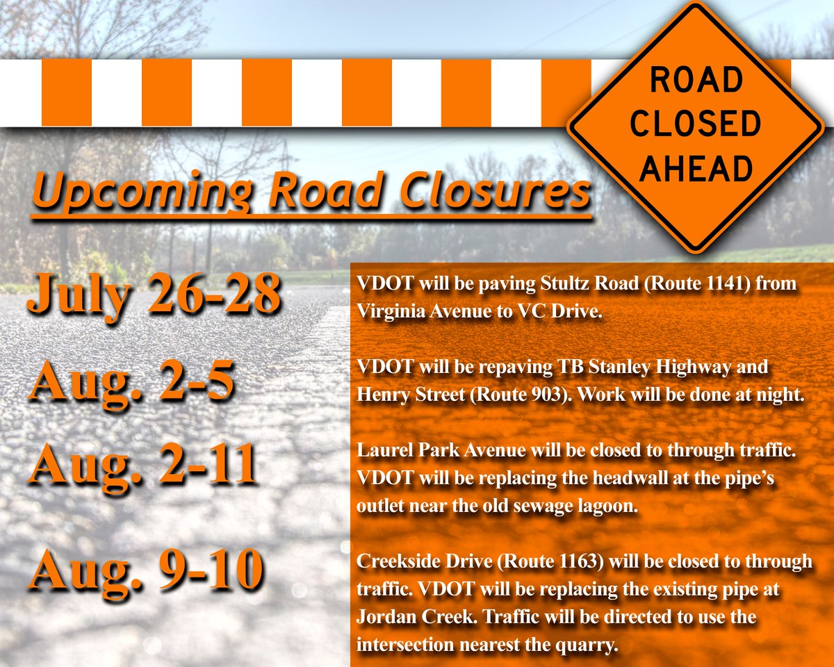 henrycountyva's tweet photo. Be mindful of upcoming traffic patterns in the County as some roads may be closed due to repairs and maintenance by VDOT. https://t.co/5Z7yZqK9qQ