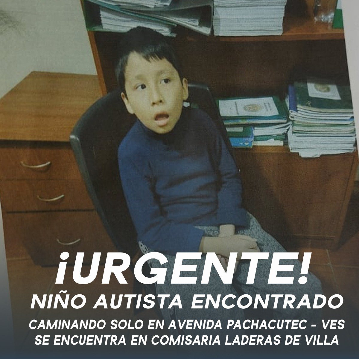 exitosape's tweet photo. 🚨URGENTE 🚨 Niño con autismo fue encontrado, cuando caminaba solo en Villa el Salvador. 

📢 Si alguien lo reconoce o tiene información que ayude a encontrar a sus familiares, por favor contáctese con el Ministerio Público o comuníquese al siguiente número: 980631710 https://t.co/Jeo5uimCes