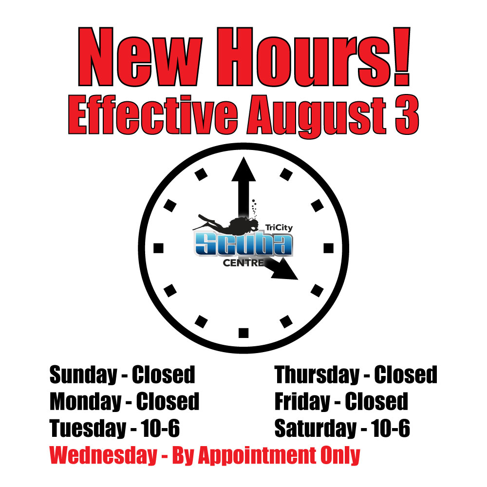 TriCityScuba's tweet photo. We are modifying our store hours to provide better service to our customers. Effective Aug. 3, we will be open on Wednesdays for appointments only. https://t.co/kJiagAFteY