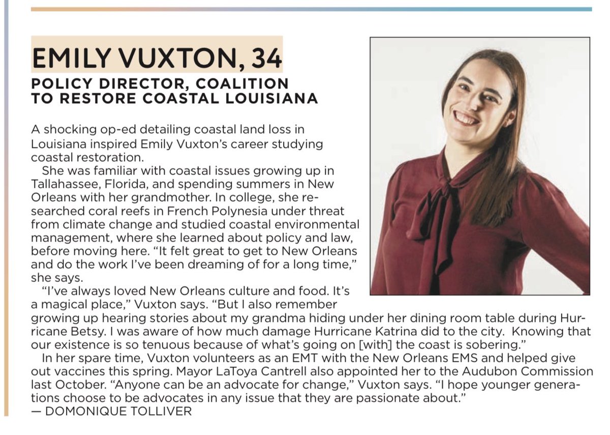 RestoreDelta's tweet photo. Round of applause to @CRCL1988’s Emily Vuxton and @ourbasin’s Michael Hopkins for being recognized in @The_Gambit’s 40 under 40 spotlight for their continuous, tireless efforts to restore coastal Louisiana! 👏🏻🌱🦪 #RestoreDelta #SaveOurCoast #Louisiana https://t.co/vsAvrMO5xF