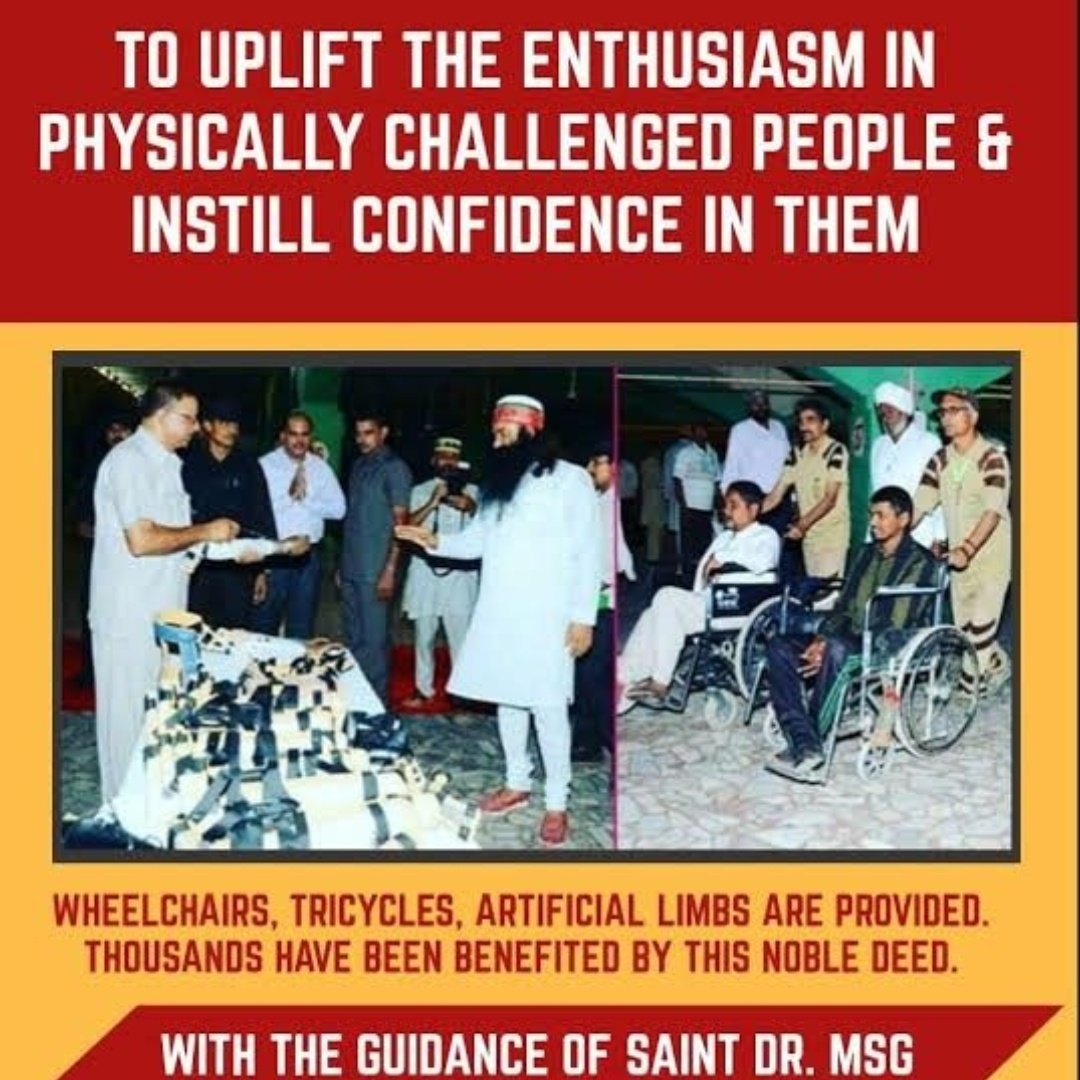 Msg94589965's tweet photo. The motive of #DeraSachaSauda is to serve humanity and help every needy. DSS volunteers r providing mobility aid, wheelchairs and callipers to physically challenged people with inspiration of Saint @Gurmeetramrahim g
#CompanionIndeed
#EnablingTheDisabled
#SaintDrMSG
#babaramrahim https://t.co/iAQJpvvQf5