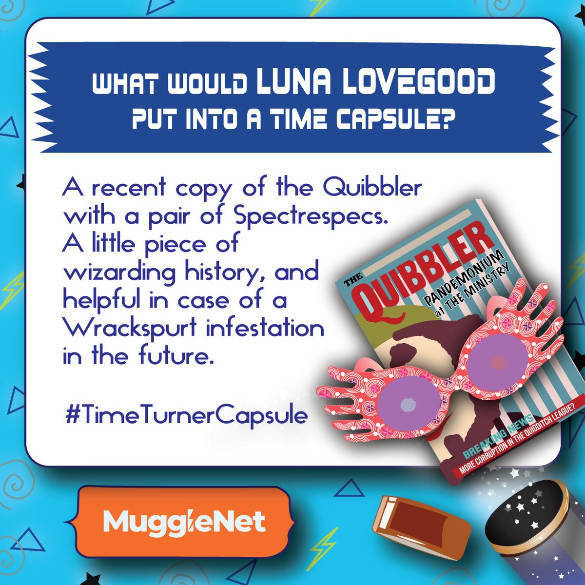 MuggleNet's tweet photo. Luna Lovegood might be considered a little eccentric at school, but when the wizarding world finally acknowledges the presence of Wrackspurts, they're going to be very excited to have her Spectrespecs in the #TimeTurnerCapsule. https://t.co/5eNWhW38ui