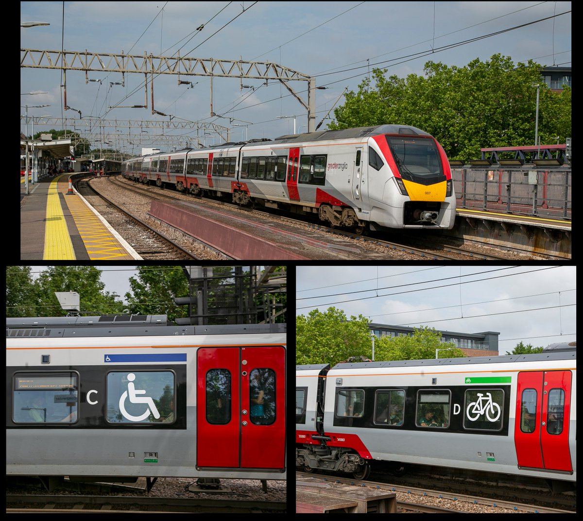 kwpartlow's tweet photo. GA Class 745 No.745007 at Colchester on 26th July 2021 working 1P20 10:30 Liverpool Street-Norwich.Some of the Stadlers now carrying Bicycle and Wheelchair signs.#class745 #Cochester https://t.co/tOF6KzWfqh