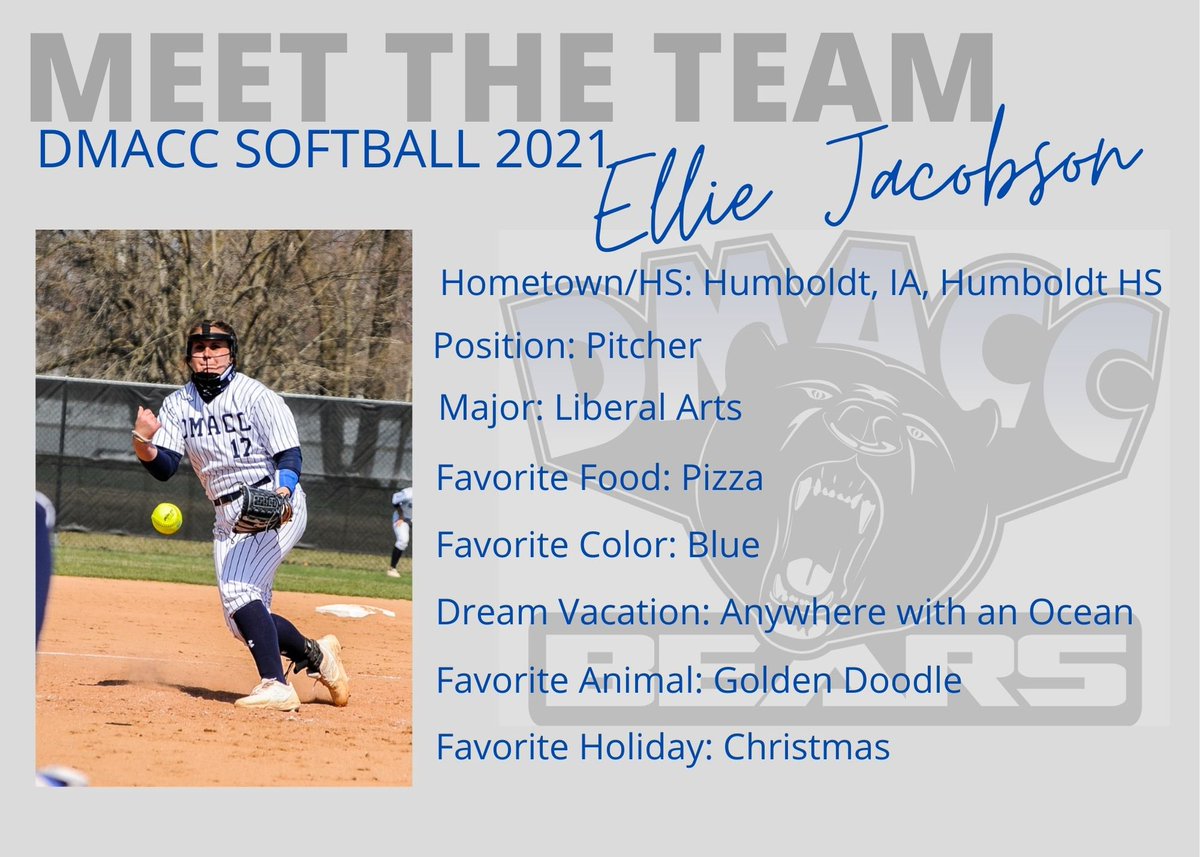 🎉LETS MEET THE BEARS🎉

Next up, sophomore Ellie Jacobson! Ellie (<a href="/JacobsonEllie/">Ellie Jacobson</a>) is from Humboldt, IA and her dream vacation is anywhere with an ocean🌊🐻💙

#GoBears🥎 
<a href="/BobLigouri/">Bob Ligouri</a>